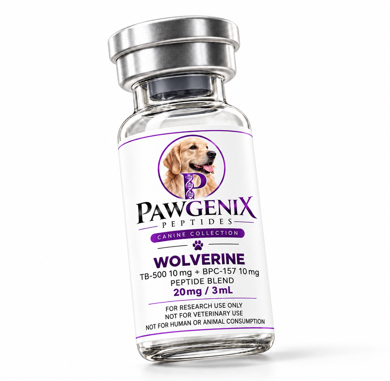 White Pawgenix USA canine Wolverine vial with purple branding